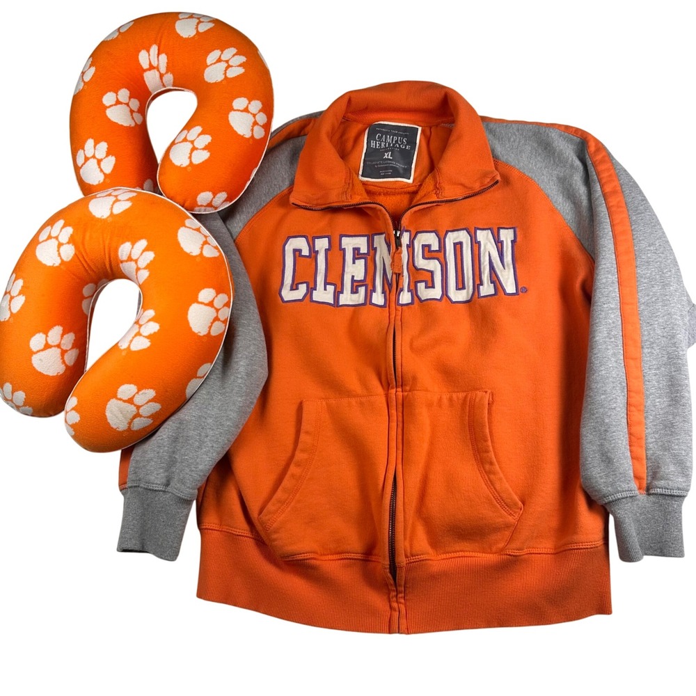 Clemson Tigers Campus Heritage Full Zip Jacket XL Paw Logo & 2 Neck‎ Pillows